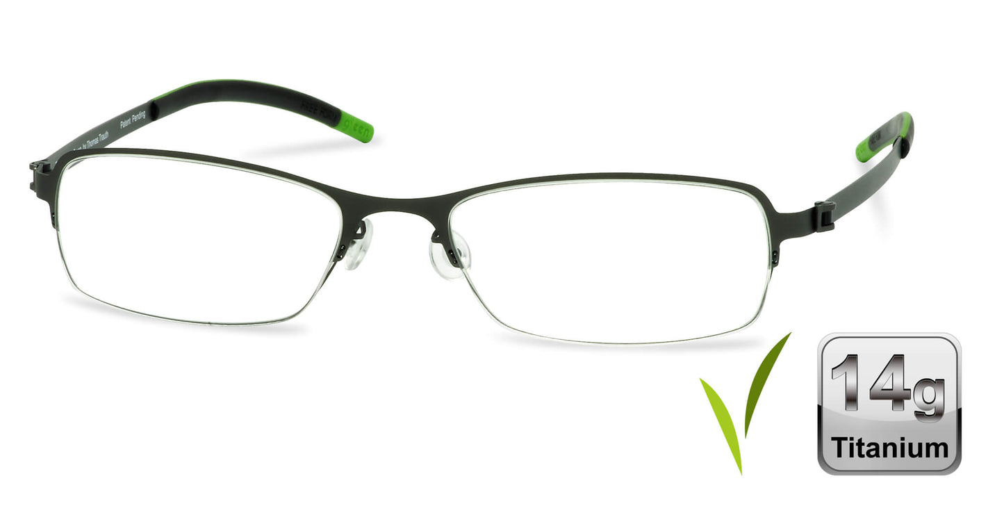 Free Form Eyewear™ FFA909 green half-frame titanium glasses for men and women. Ultra-lightweight 14g luxury German design with screwless hinges.