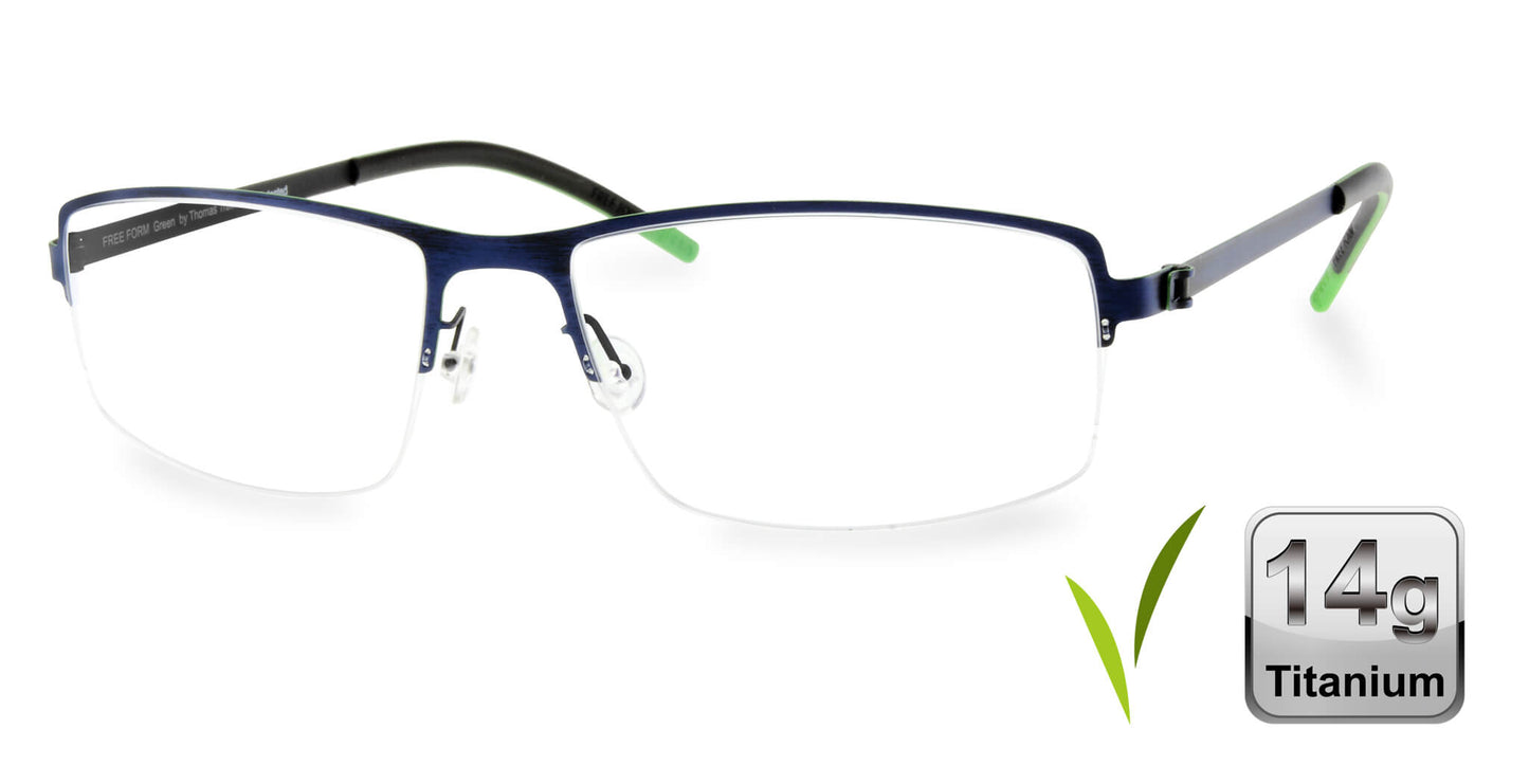 Free Form Eyewear™ FFA902 half-frame green titanium glasses with 14g ultra-lightweight design. Luxury German-engineered blue light eyeglasses for men and women.