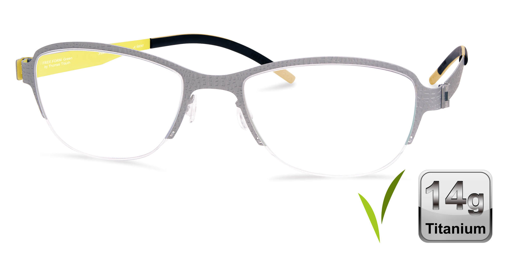 Free Form Eyewear™ FFA938 green half-frame titanium glasses with 14g lightweight design and screwless hinges for men and women. Luxury German-engineered eyeglasses ideal for blue light protection and strong prescriptions.