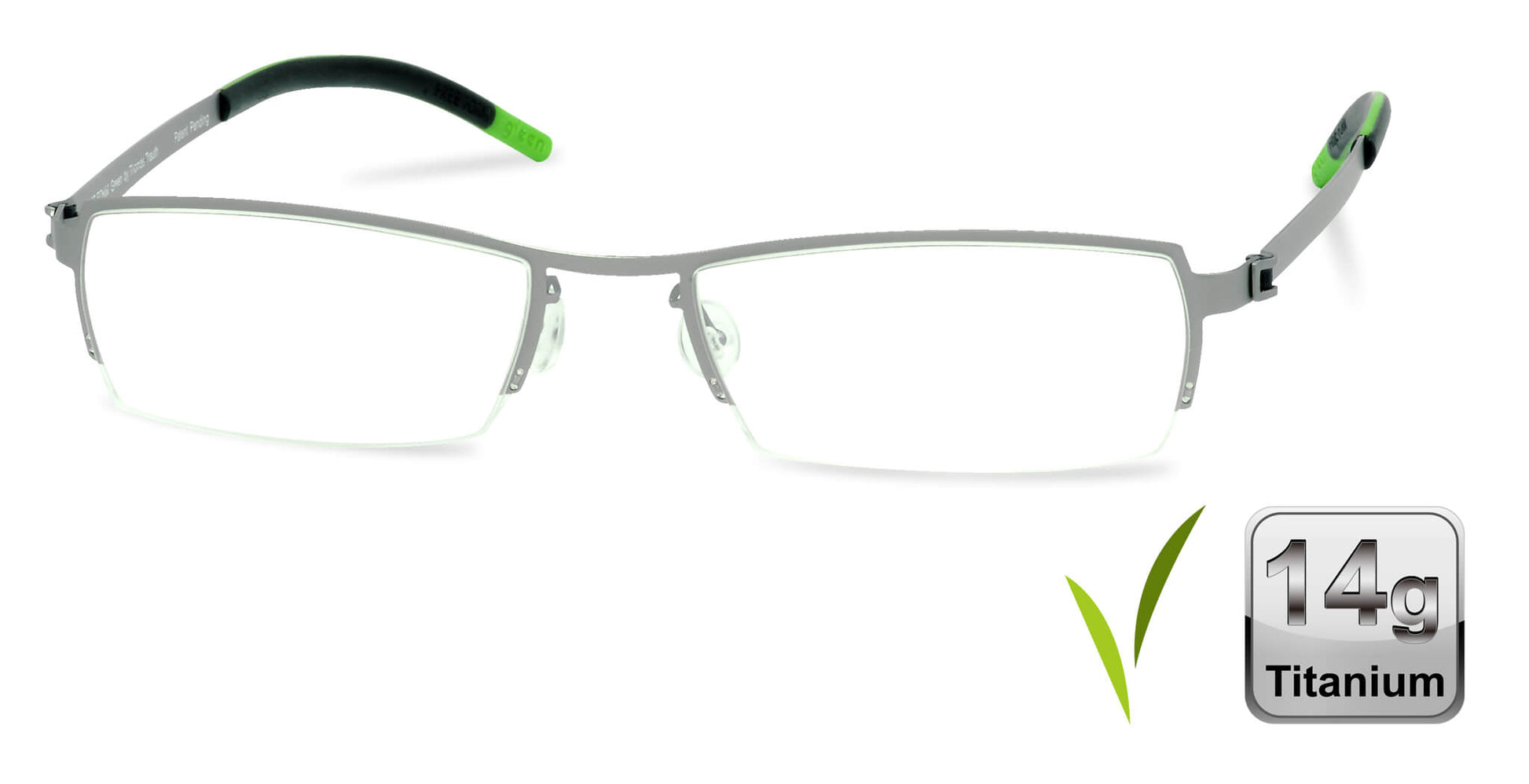 Free Form Eyewear™ FFA910 green titanium half-frame eyeglasses with 14g ultra-lightweight German design for men and women. Ideal for blue light and prescription use.