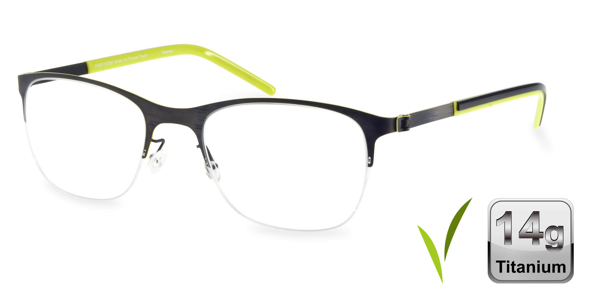 Free Form Eyewear™ FFA918 green half-frame titanium glasses with 14g ultra-lightweight design and screwless hinges. Luxury German-engineered unisex eyeglasses.