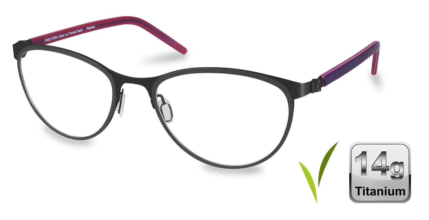 Free Form Eyewear™ Titanium 14g feather-light eyeglasses in green full frame with purple temples, luxury German design for men and women. Lightweight titanium glasses ideal for blue light protection and strong prescriptions.