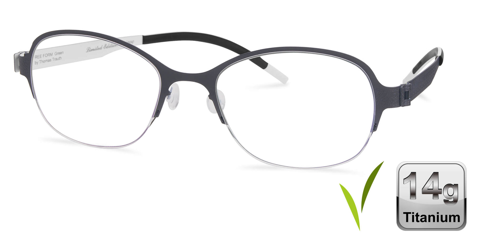 Free Form Eyewear™ Model FFA937 green half-frame titanium glasses for men and women, 14g lightweight German design with screwless hinges.