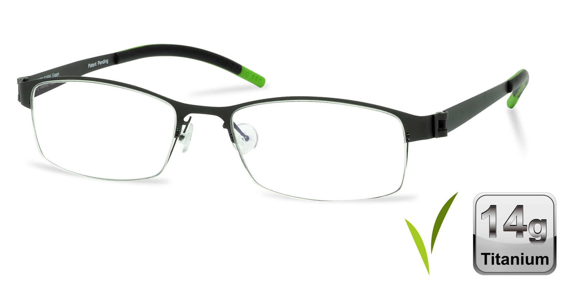 Free Form Eyewear™ FFA906 green half-frame titanium glasses with 14g ultra-lightweight design and screwless hinges, ideal for men and women seeking luxury German-engineered vision care.