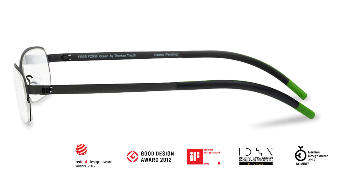 Free Form Eyewear™ Titanium 14g green half-frame eyeglasses with screwless hinge design. Luxury German lightweight glasses for men and women.