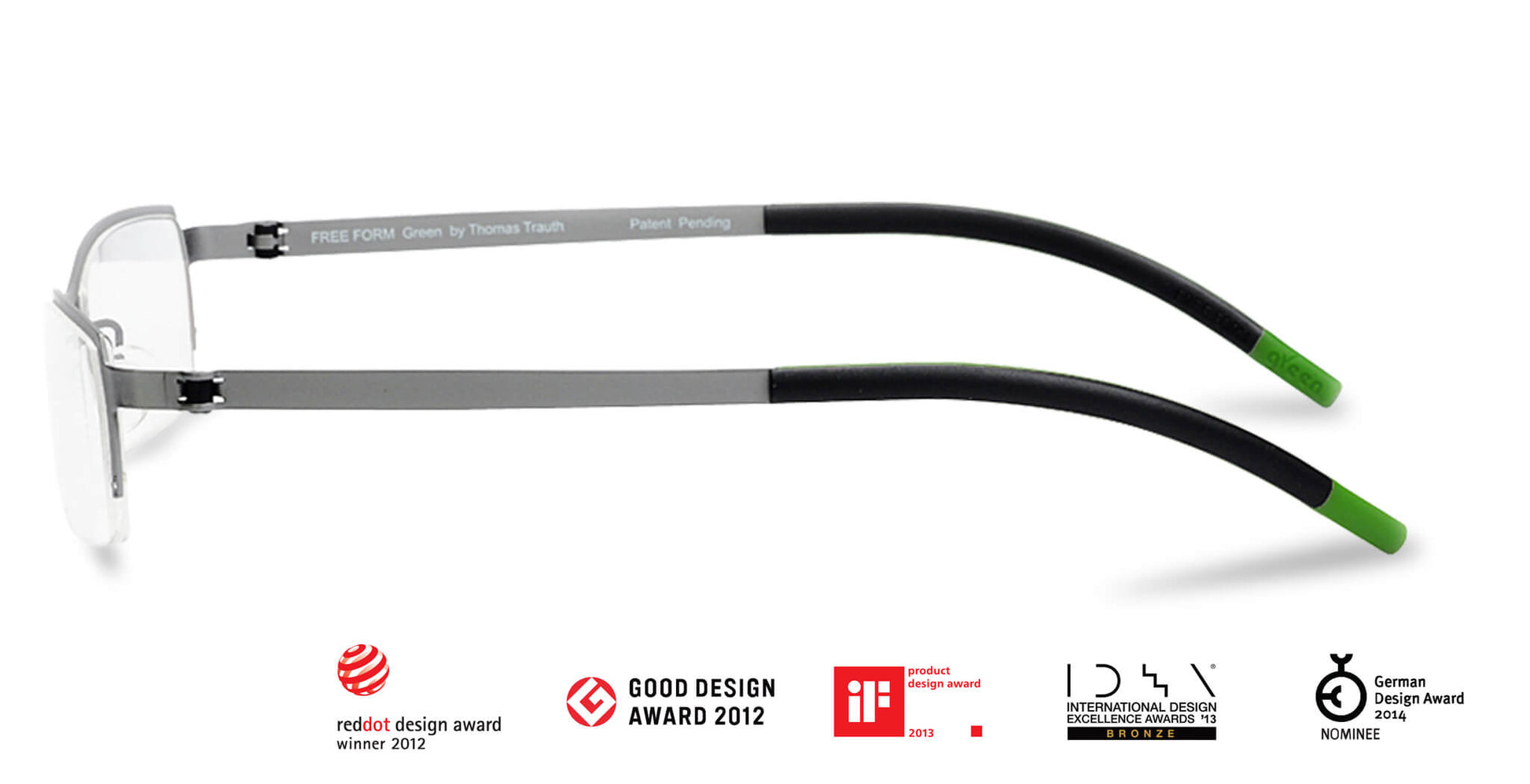 Free Form Eyewear™ Titanium 14g FFA910 half-frame glasses in green with screwless hinge design, lightweight German luxury for men and women.
