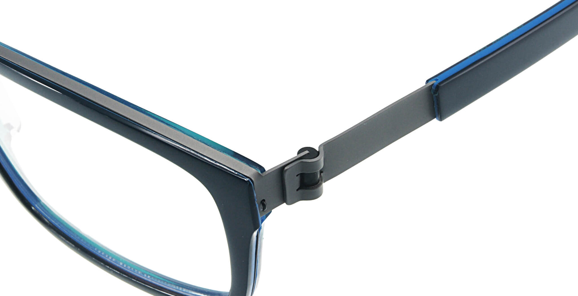 Close-up of Free Form Eyewear™ Model FFA986 in blue, showcasing screwless titanium hinge and full-rim lightweight luxury German design frame.
