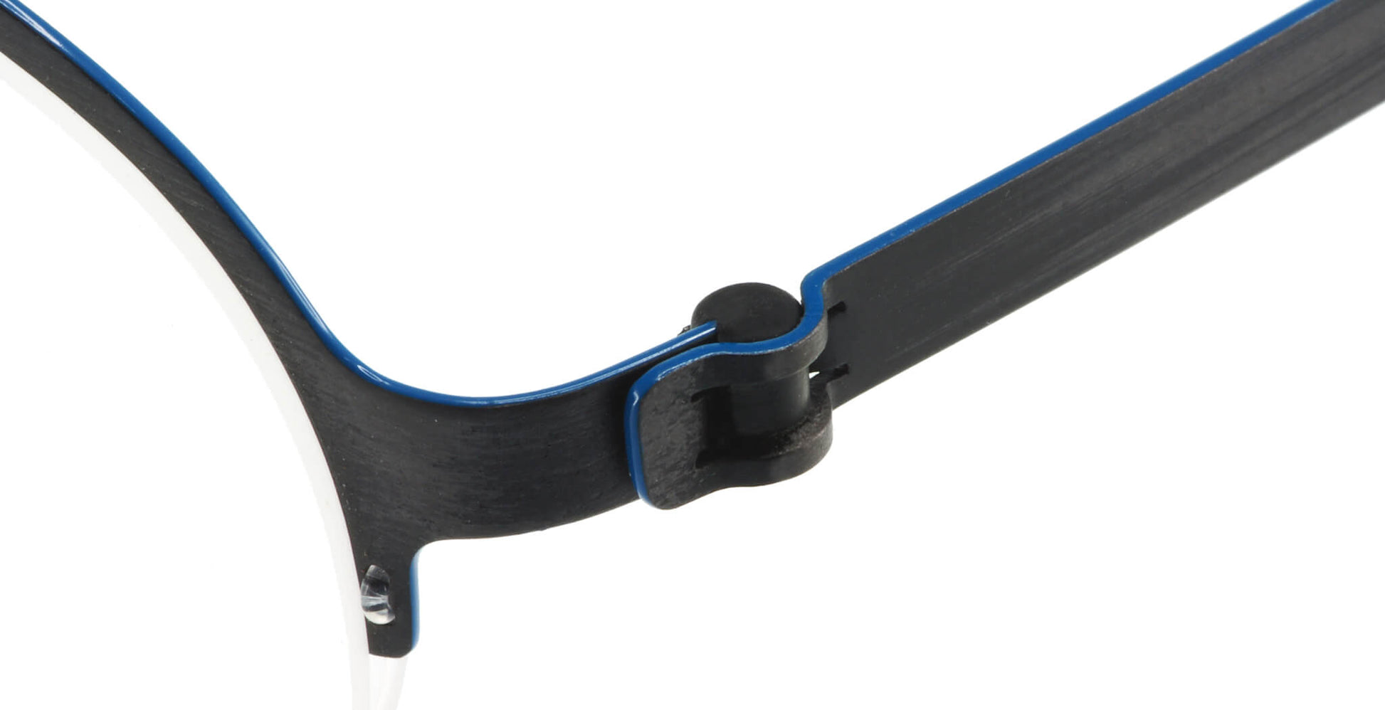 Close-up of Free Form Eyewear™ FFA915 titanium eyeglasses hinge in black and blue, showcasing screwless German-engineered design for durability and comfort.