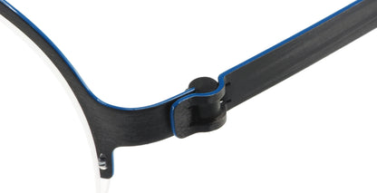 Close-up of Free Form Eyewear™ FFA915 titanium eyeglasses hinge in black and blue, showcasing screwless German-engineered design for durability and comfort.