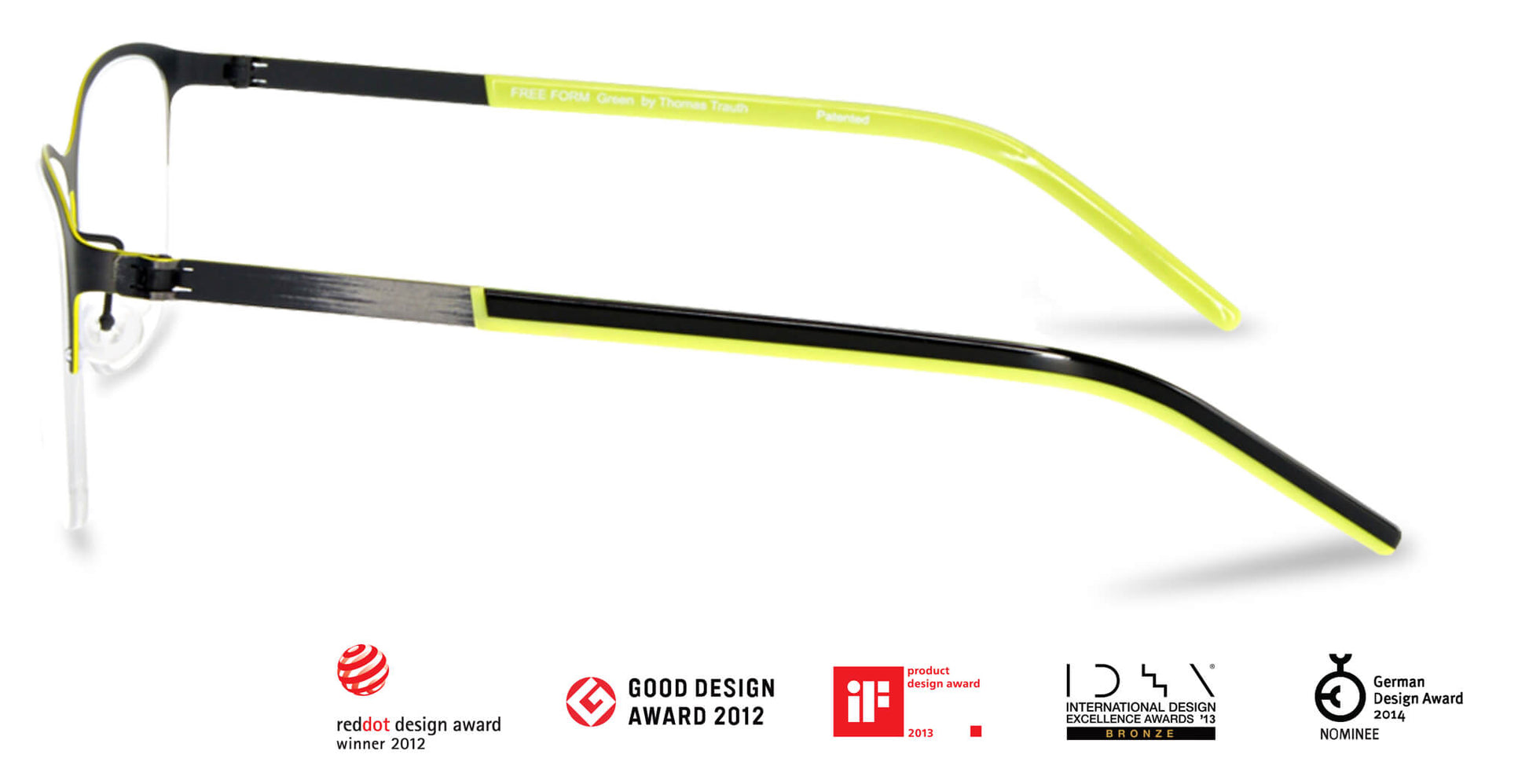 Free Form Eyewear™ Titanium 14g feather-light eyeglasses in green half-frame design with screwless hinge. Luxury German design for men and women.
