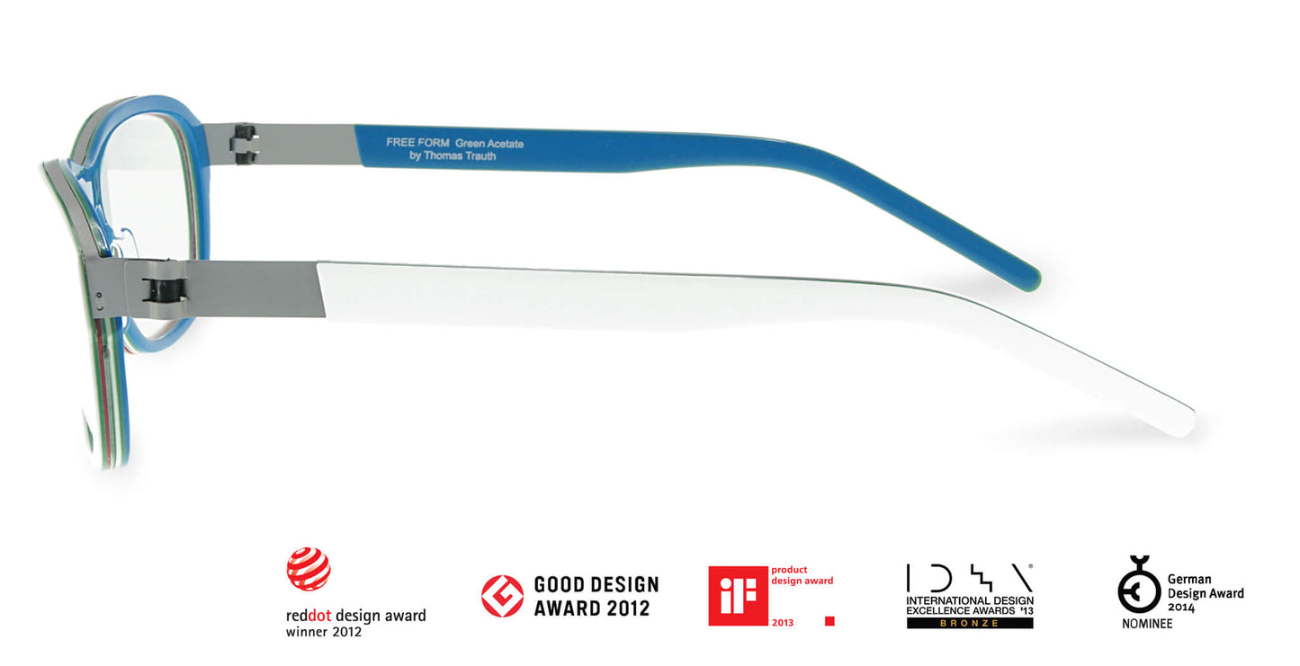 Free Form Eyewear™ Titanium 14g feather-light eyeglasses in green full frame with blue and white temples, luxury German design for men and women.