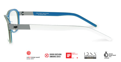 Free Form Eyewear™ Titanium 14g feather-light eyeglasses in green full frame with blue and white temples, luxury German design for men and women.