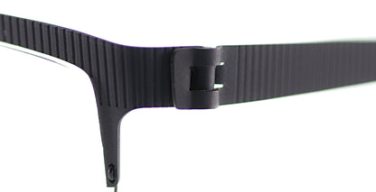 Close-up of Free Form Eyewear™ FFA932 titanium eyeglasses hinge showing screwless German-engineered design in lightweight black half-frame style.