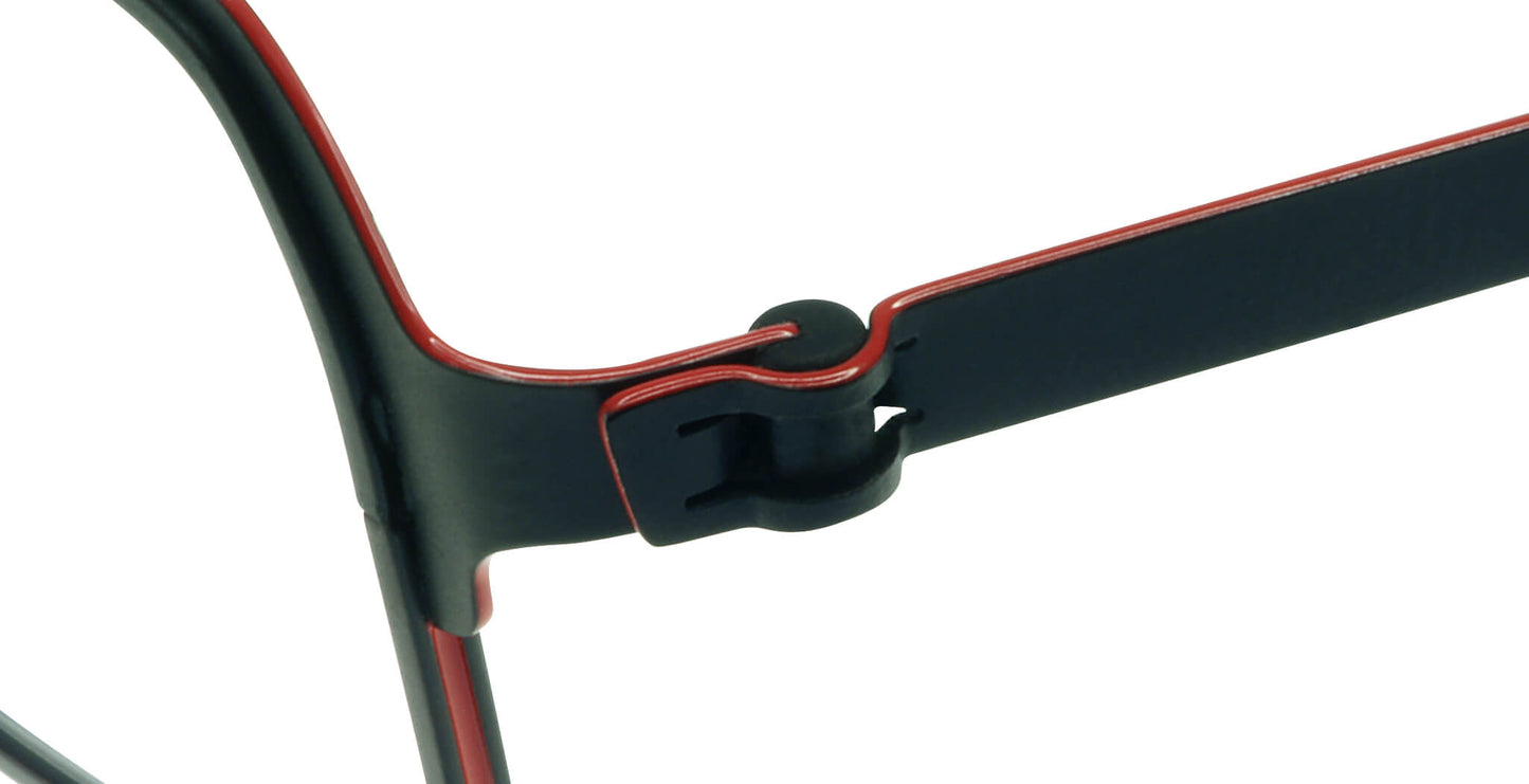 Close-up of Free Form Eyewear™ Model FFA924 titanium eyeglasses hinge in black with red trim, showcasing screwless German-engineered design.