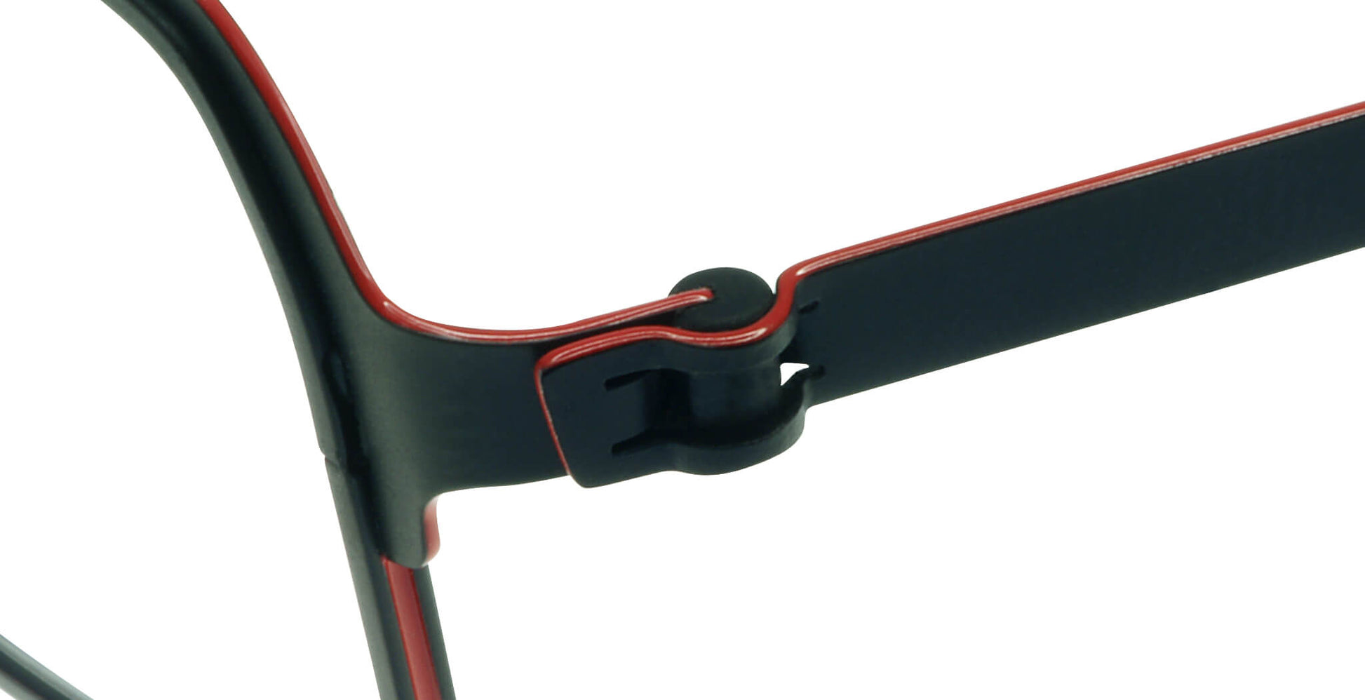 Close-up of Free Form Eyewear™ Model FFA924 titanium eyeglasses hinge in black with red trim, showcasing screwless German-engineered design.