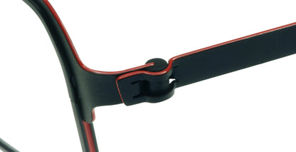 Close-up of Free Form Eyewear™ Model FFA924 titanium eyeglasses hinge in black with red trim, showcasing screwless German-engineered design.