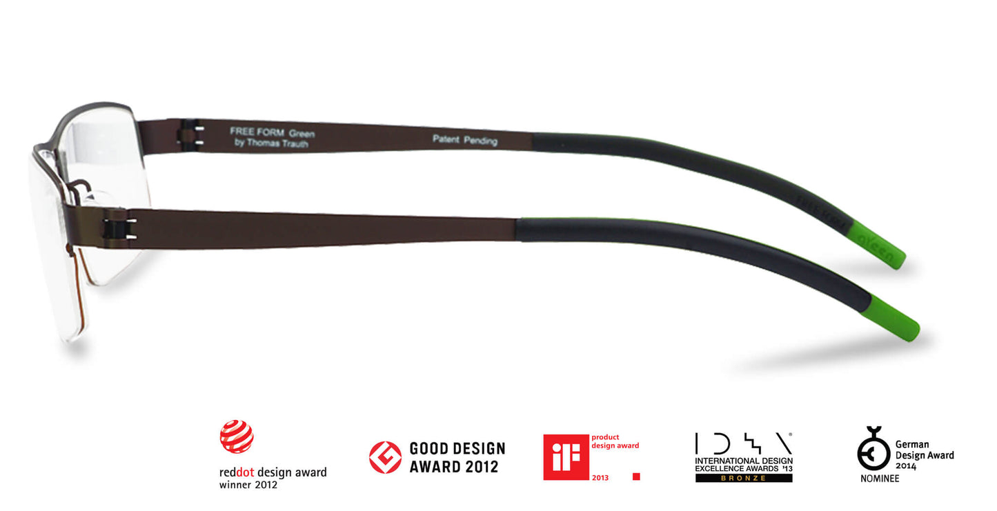 Free Form Eyewear™ Titanium 14g feather-light eyeglasses in green half-frame design with screwless hinges. Luxury German design for men and women.