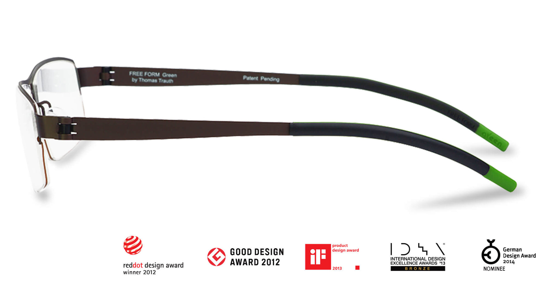 Free Form Eyewear™ Titanium 14g feather-light eyeglasses in green half-frame design with screwless hinges. Luxury German design for men and women.