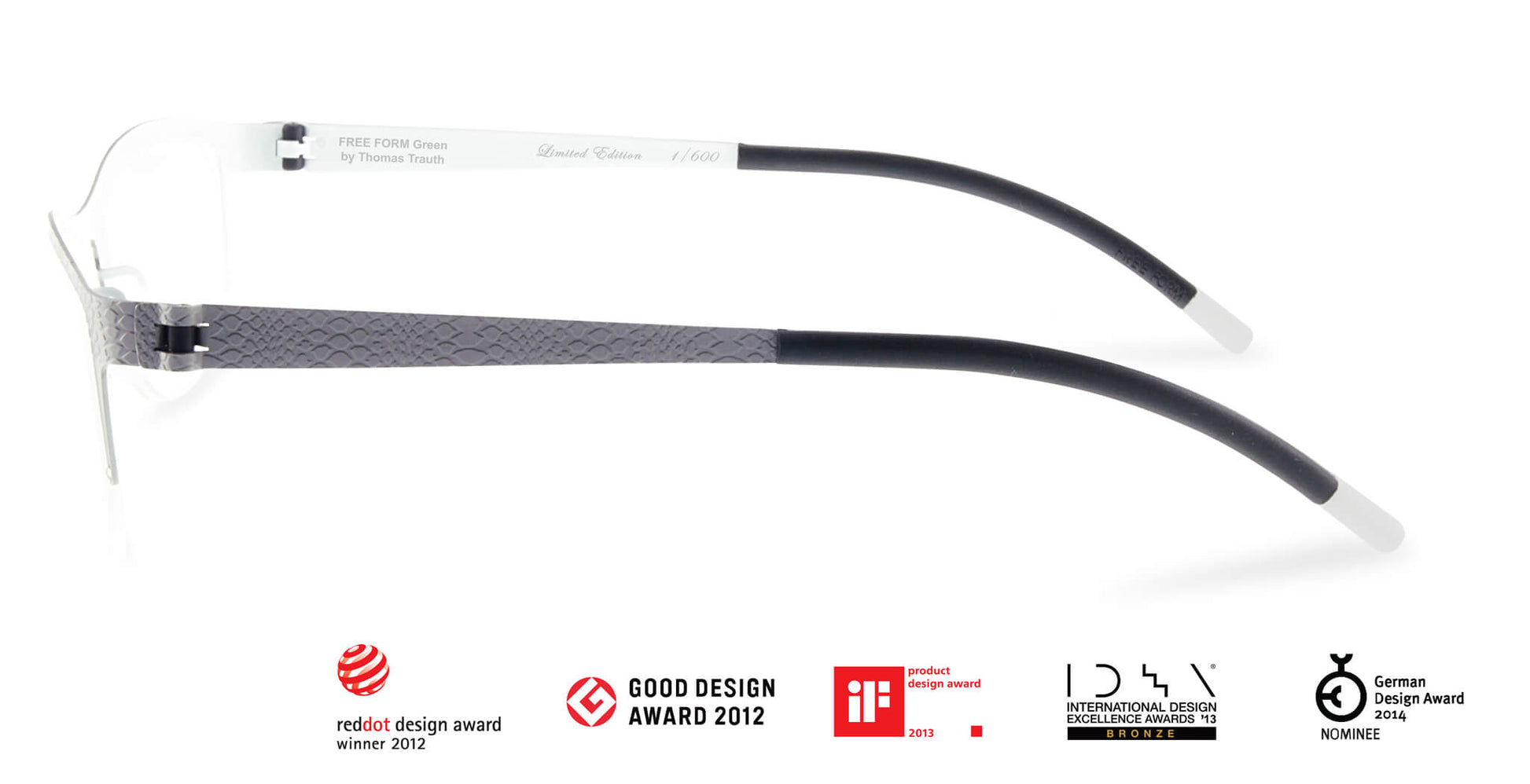 Free Form Eyewear™ Titanium 14g luxury eyeglasses in green half-frame design with screwless hinges, lightweight German engineering for men and women.