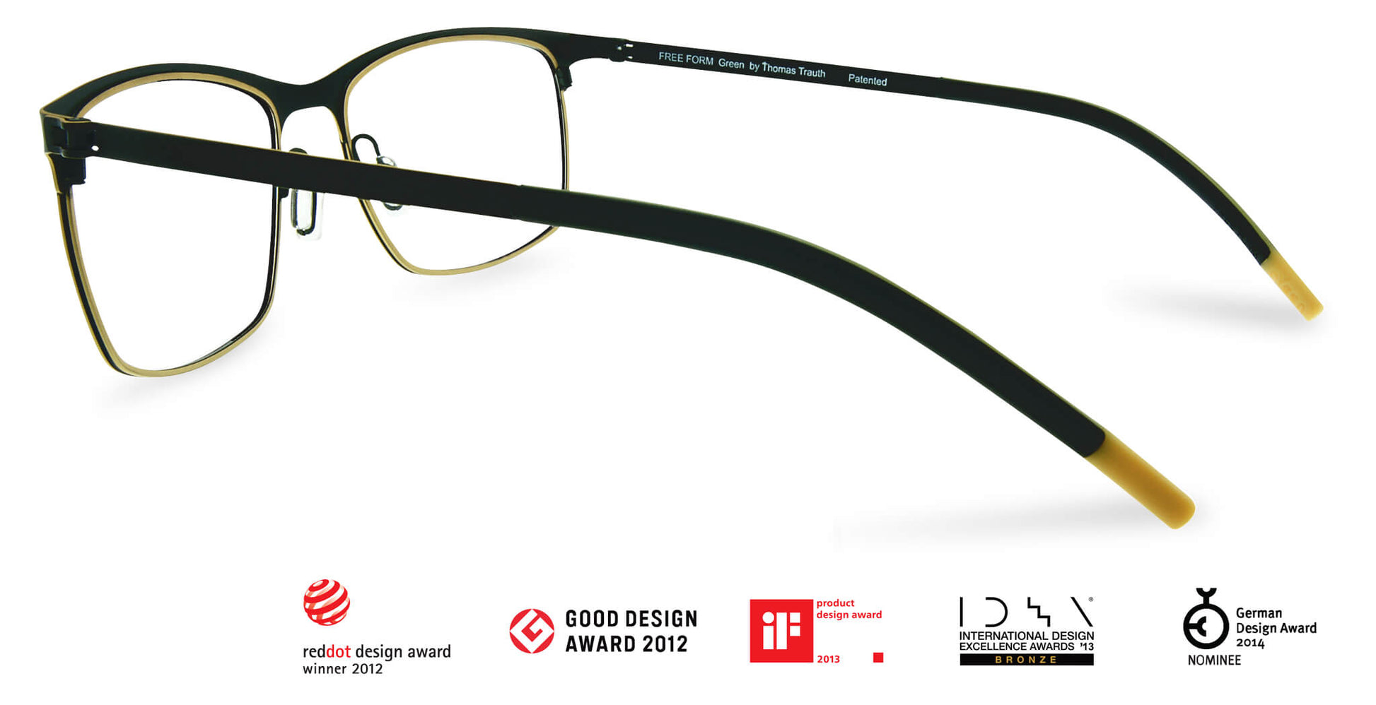 Free Form Eyewear™ Titanium 14g feather-light eyeglasses in green full frame with gold accents, luxury German design for men and women. Lightweight titanium frame with screwless hinges, ideal for strong prescriptions and all-day comfort.
