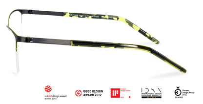Free Form Eyewear™ Titanium 14g feather-light eyeglasses in green half-frame with tortoiseshell arms, luxury German design, unisex style.