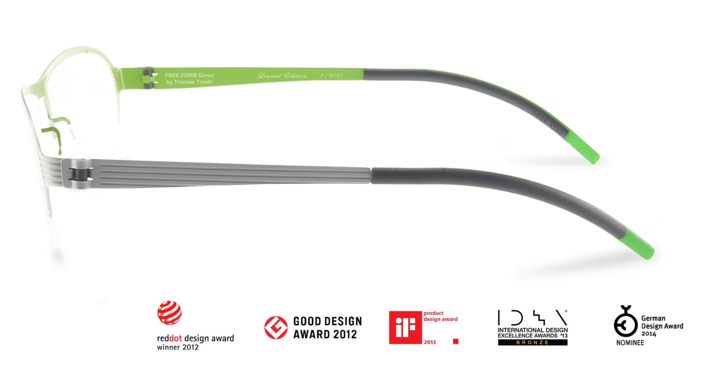 Free Form Eyewear™ Titanium 14g feather-light green half frame glasses with screwless hinge, luxury German design for men and women. Award-winning lightweight titanium eyeglasses ideal for strong prescriptions and all-day comfort.