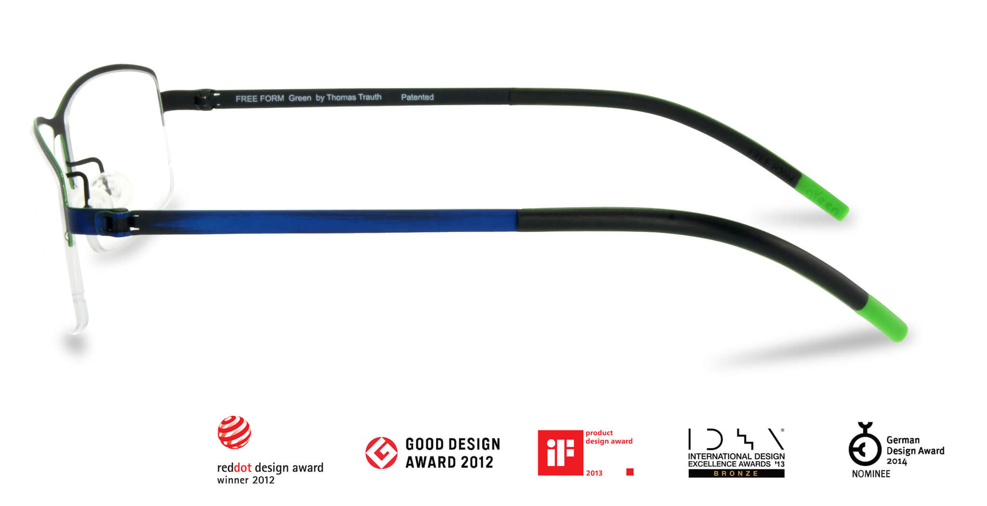 Free Form Eyewear™ Titanium 14g feather-light green half-frame glasses with blue temples and neon green tips. Luxury German design with screwless hinges.