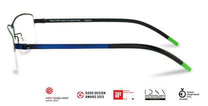 Free Form Eyewear™ Titanium 14g feather-light green half-frame glasses with blue temples and neon green tips. Luxury German design with screwless hinges.