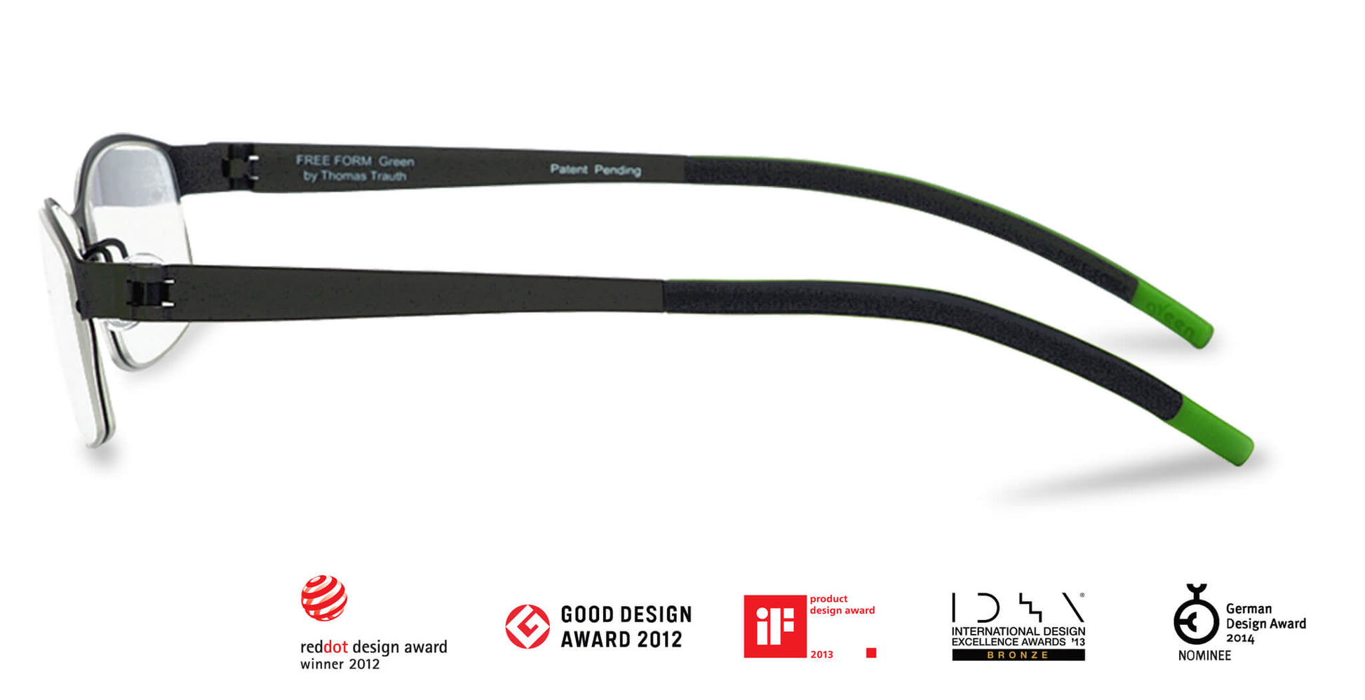 Free Form Eyewear™ Titanium 14g feather-light green half-frame glasses with screwless hinges and black-green temples, luxury German design.