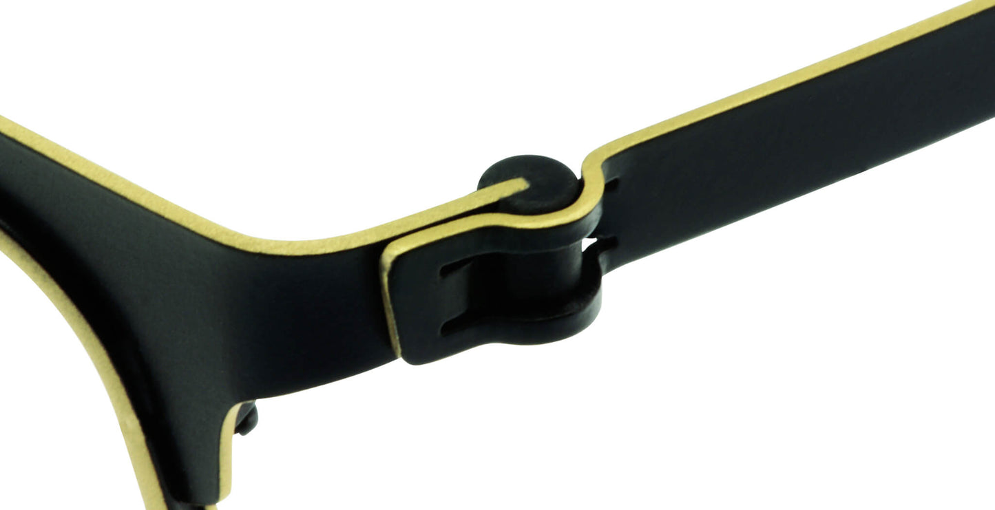 Close-up of Free Form Eyewear™ Titanium 14g eyeglasses hinge in black and gold, showcasing screwless German-engineered design for durability and comfort.