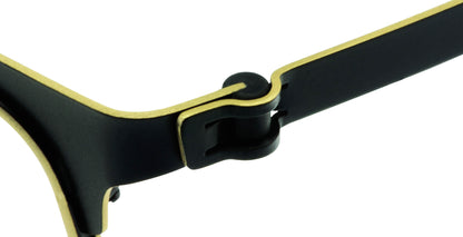 Close-up of Free Form Eyewear™ Titanium 14g eyeglasses hinge in black and gold, showcasing screwless German-engineered design for durability and comfort.
