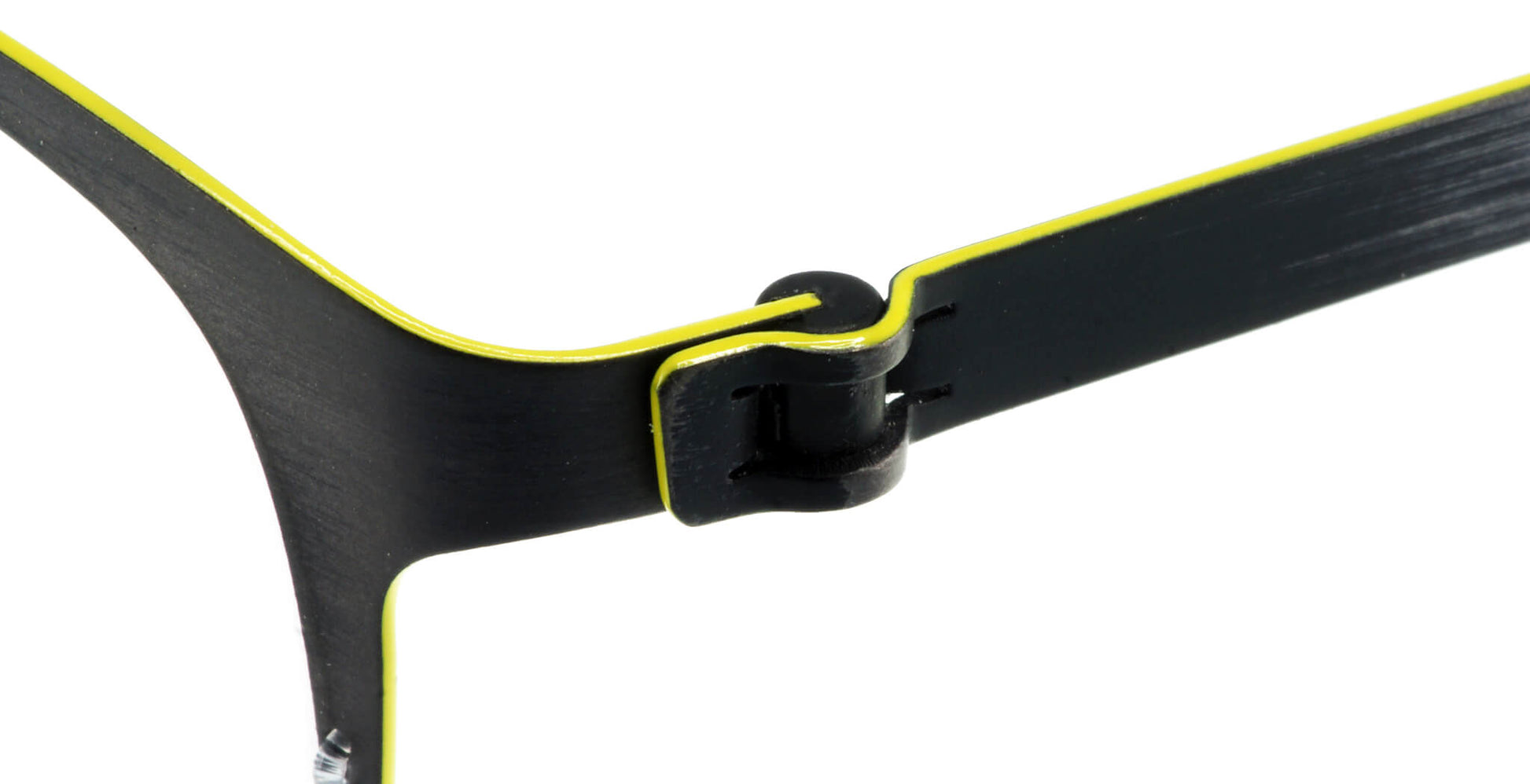 Close-up of Free Form Eyewear™ Titanium 14g feather-light eyeglasses in green, showcasing screwless hinge design and luxury German engineering.