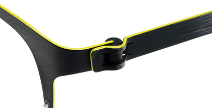 Close-up of Free Form Eyewear™ Titanium 14g feather-light eyeglasses in green, showcasing screwless hinge design and luxury German engineering.