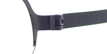 Close-up of Free Form Eyewear™ Titanium 14g feather-light eyeglasses, Model FFA937, showing screwless hinge and textured green half frame design.