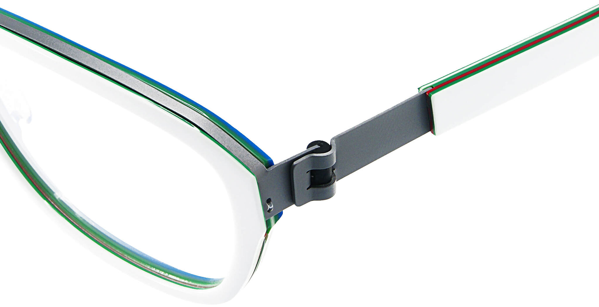 Close-up of Free Form Eyewear™ FFA981 titanium eyeglasses in green with screwless hinge. Lightweight 14g full frame with luxury German design.