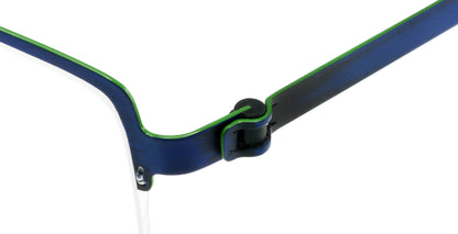 Close-up of Free Form Eyewear™ Titanium 14g feather-light eyeglasses in green and blue, showcasing screwless hinge and half-frame luxury German design.