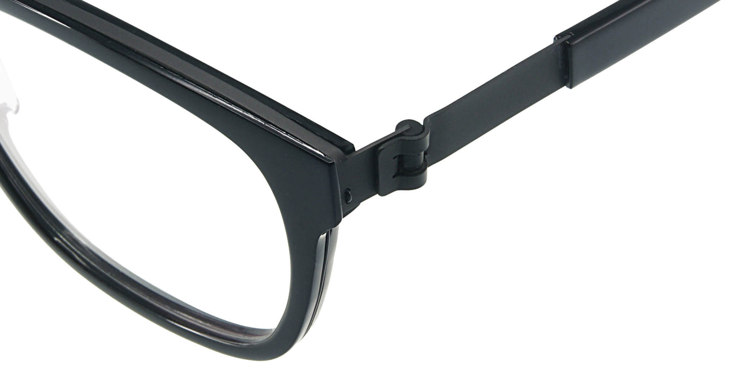Close-up of Free Form Eyewear™ Titanium FFA984 black full frame hinge showing screwless German design in lightweight 14g titanium construction.