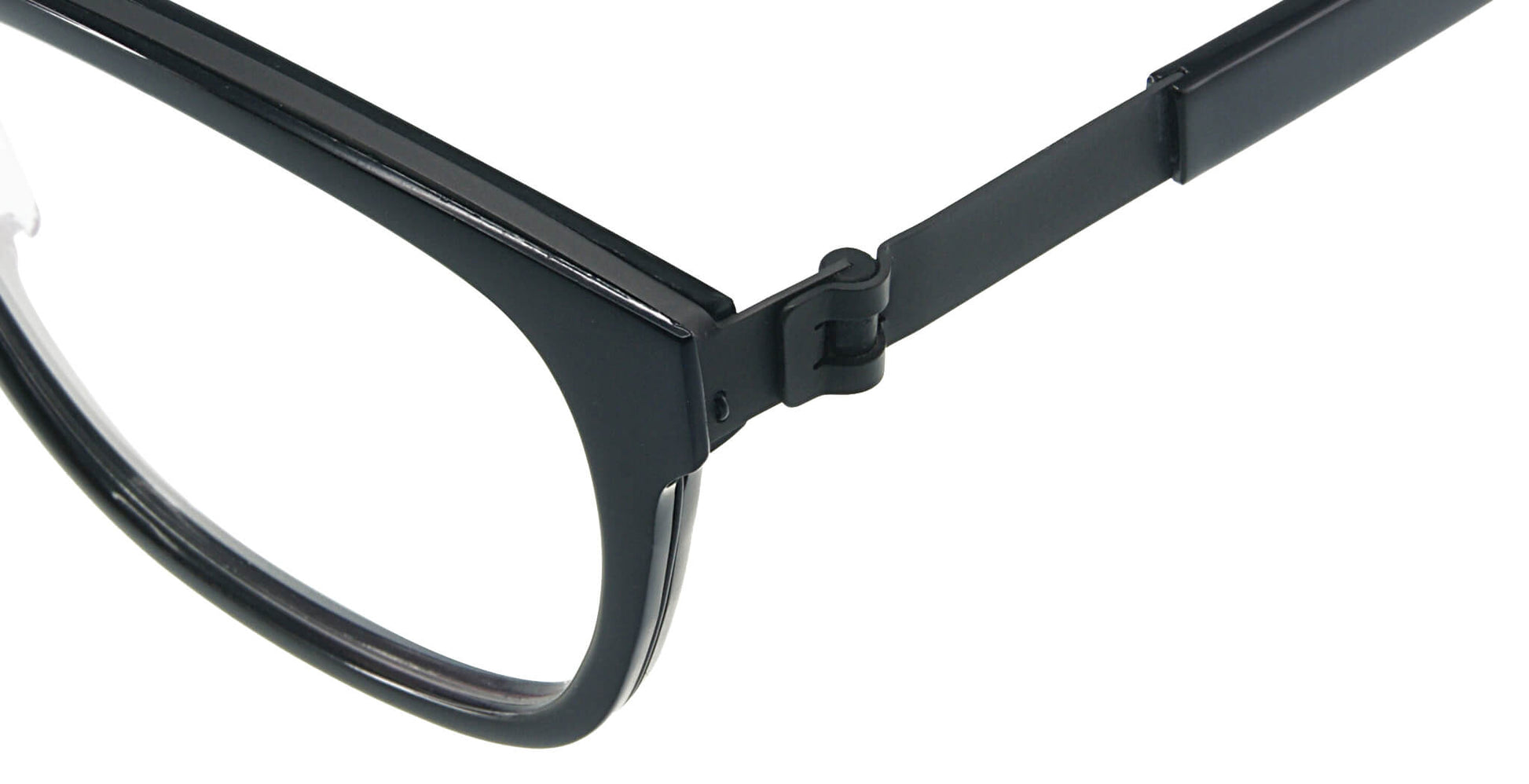 Close-up of Free Form Eyewear™ Titanium FFA984 black full frame hinge showing screwless German design in lightweight 14g titanium construction.