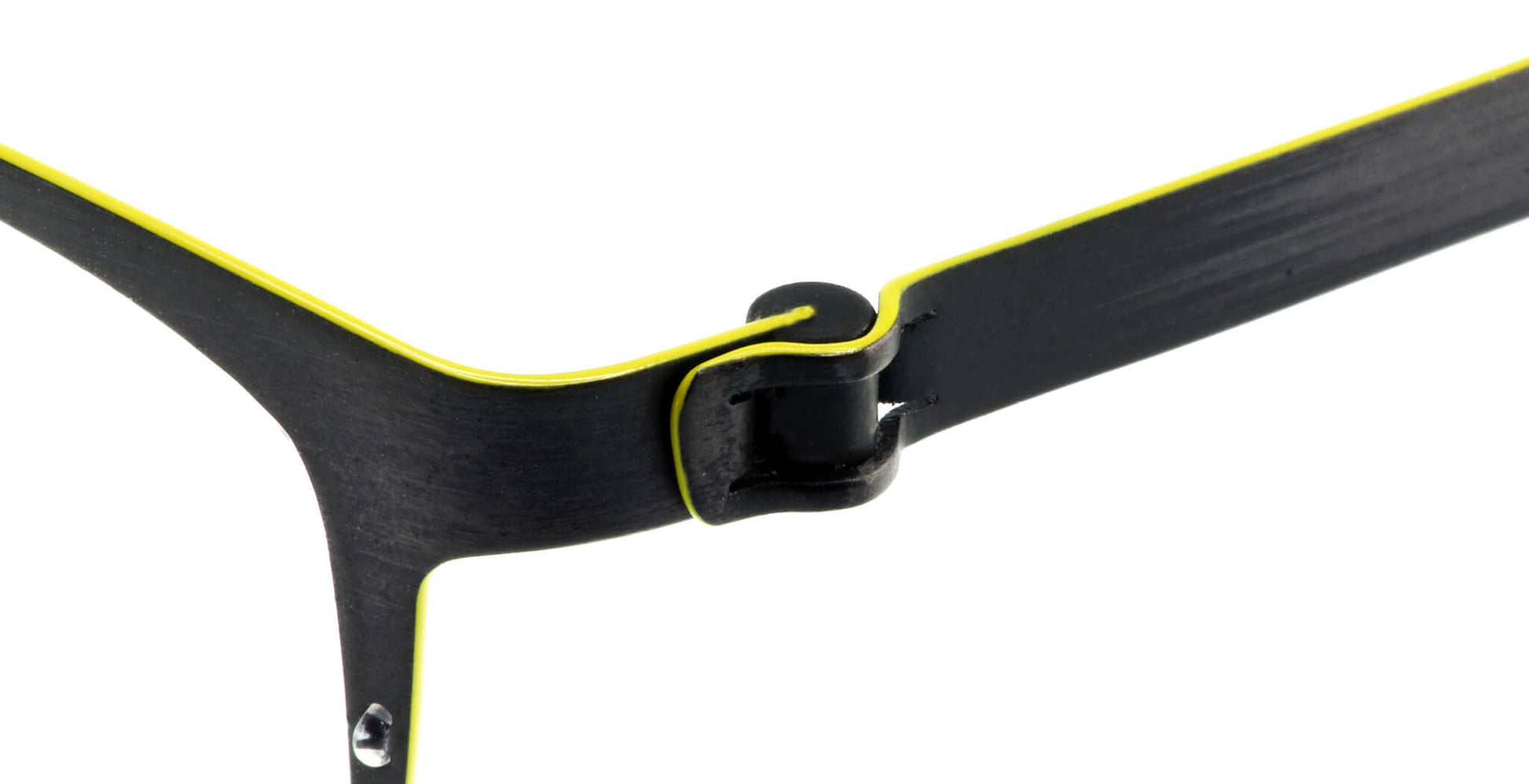 Close-up of Free Form Eyewear™ Titanium 14g feather-light eyeglasses hinge in green-black, showcasing screwless German design for durability and comfort.