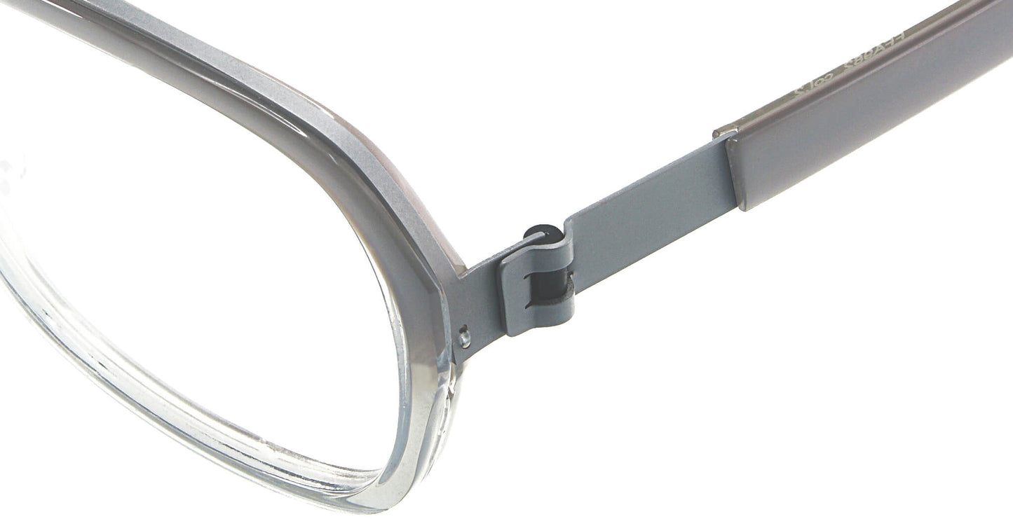 Close-up of Free Form Eyewear™ Titanium 14g eyeglasses hinge showing screwless German design in lightweight full frame. Durable and sleek titanium build.