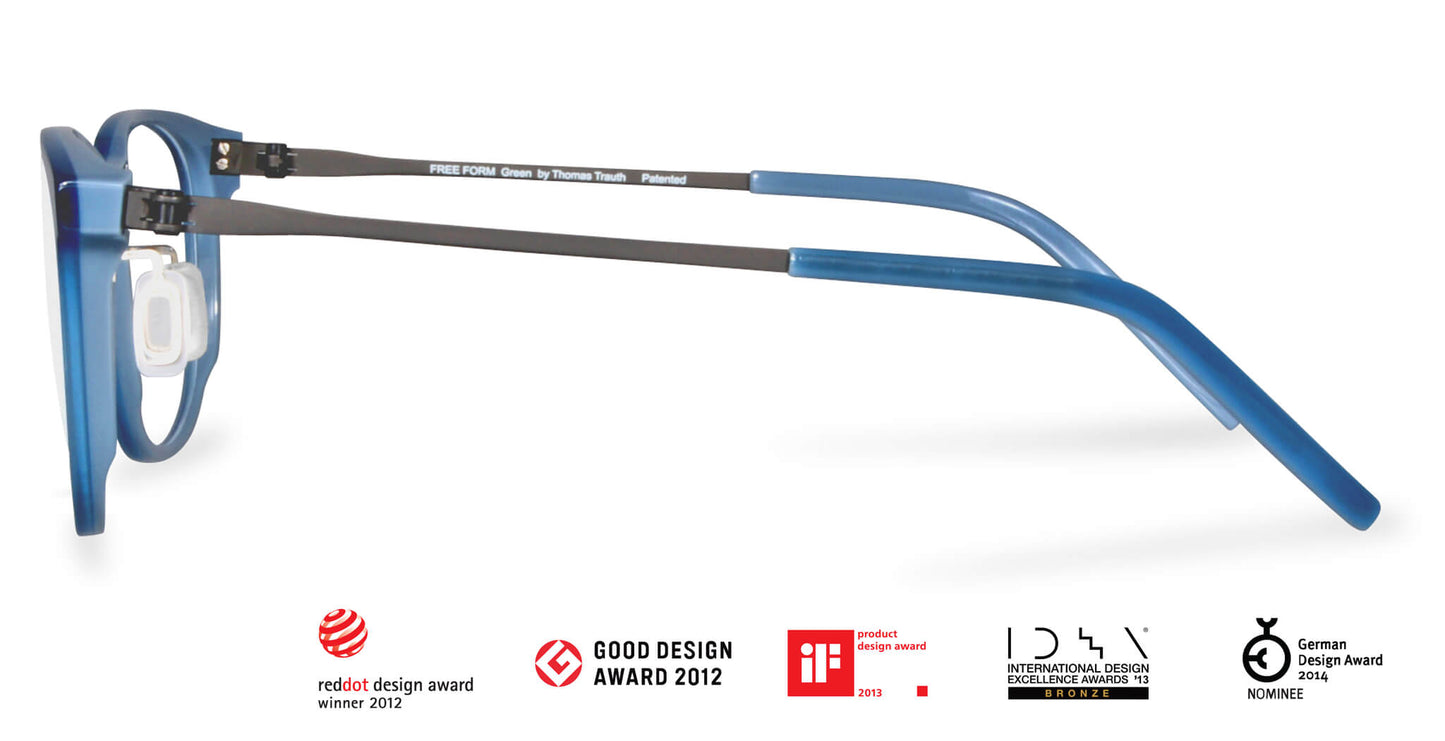 Side view of Free Form Eyewear™ Titanium 14g feather-light eyeglasses, model FFA994 in light blue with full frame and screwless hinge, luxury German design.