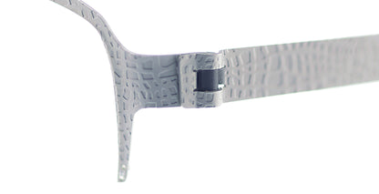Close-up of Free Form Eyewear™ Titanium 14g feather-light eyeglasses hinge in crocodile-textured silver finish. Screwless German design for durability.