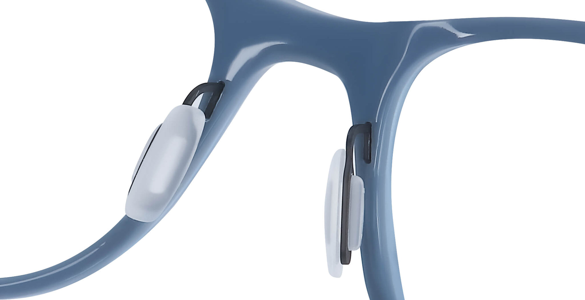 Close-up of Free Form Eyewear™ Titanium 14g feather-light eyeglasses in light blue, showcasing screwless hinge and soft nose pads for comfort.