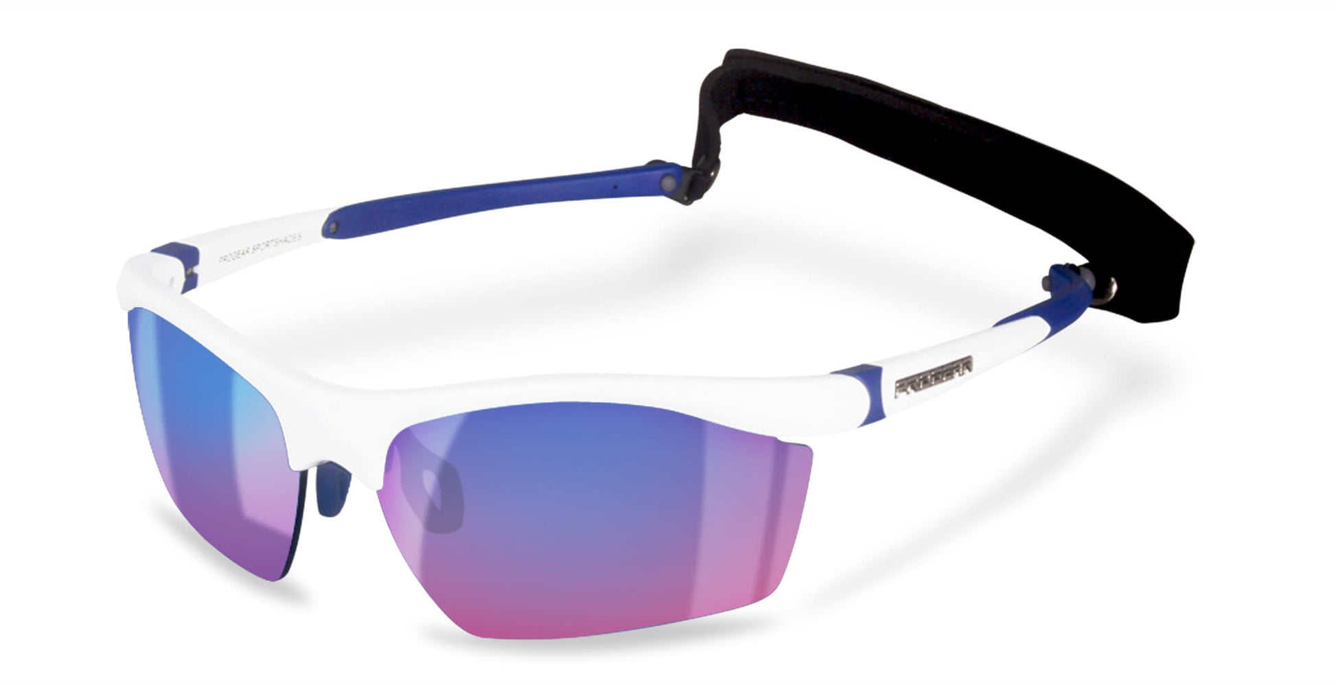 White and blue PROGEAR Dash2 S-1282 prescription cycling sunglasses with Racing Red lenses and detachable headband strap.