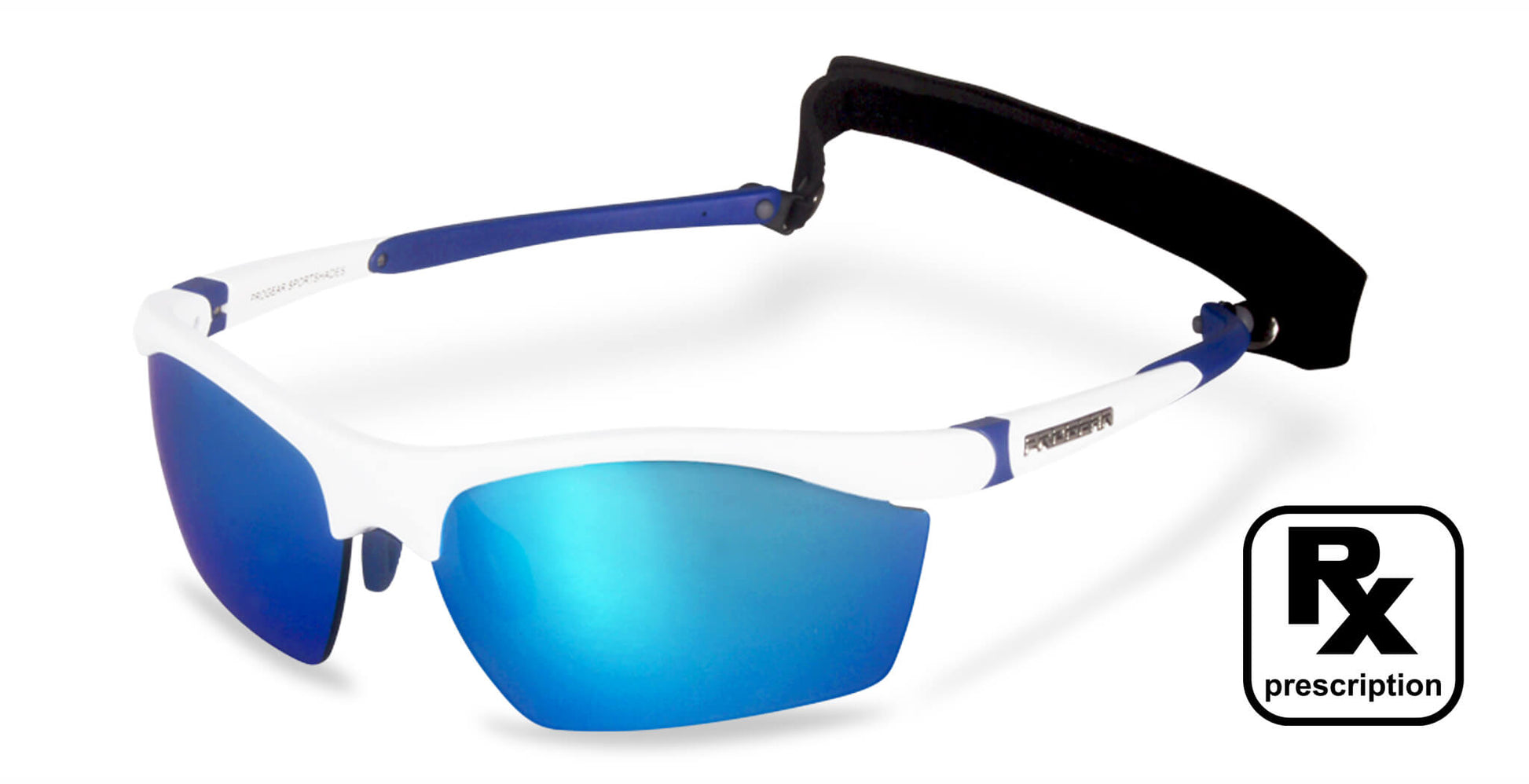 PROGEAR Dash2 S-1282 wrap-around prescription sunglasses in white and blue with mirrored lenses and Rx compatibility.