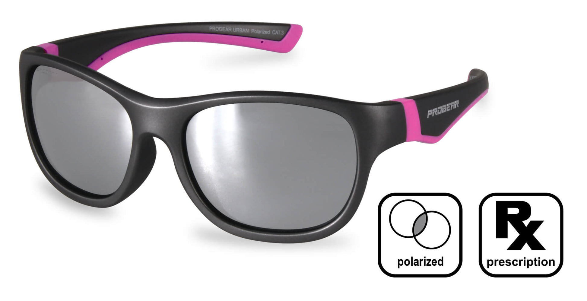 Black and pink PROGEAR Urban U-1514 prescription sunglasses with silver mirror polarized lenses for stylish sun protection.
