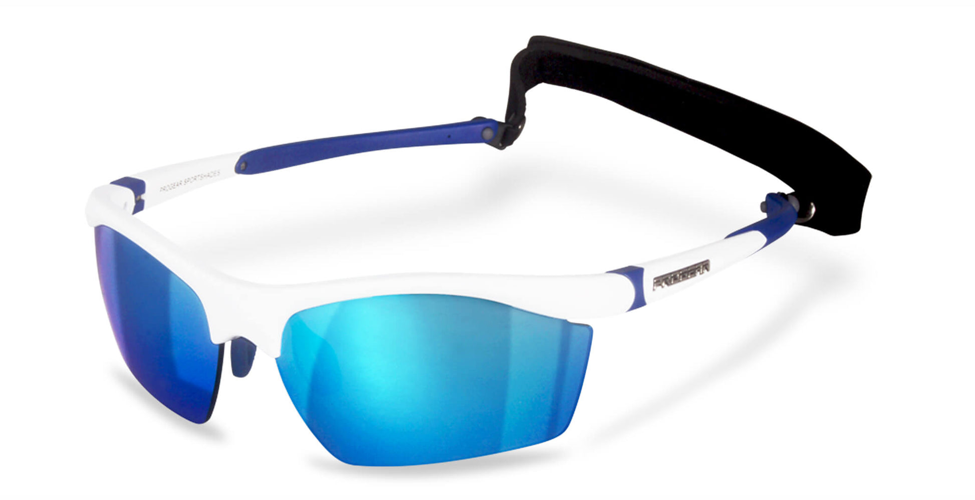 Blue and white PROGEAR polarized fishing sunglasses with blue mirror lenses and adjustable strap for secure fit and glare-free vision.