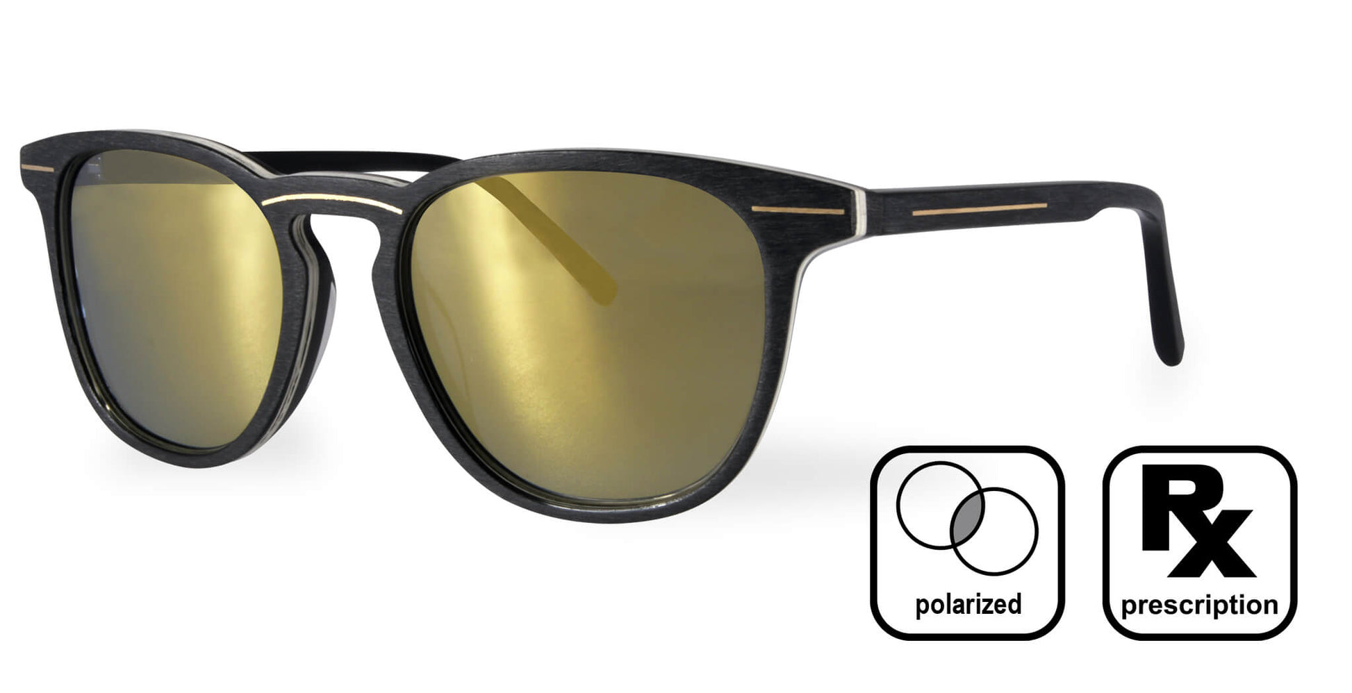 PROGEAR Urban BI-6007 prescription sunglasses in wood-textured black frame with gold mirrored polarized lenses for stylish glare-free vision.