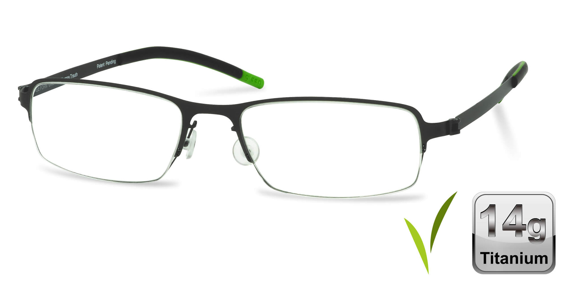 Free Form Eyewear™ FFA904 green half-frame titanium glasses for men and women, 14g lightweight luxury German design with screwless hinges.