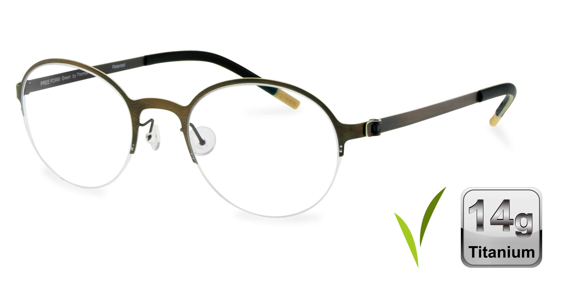 Free Form Eyewear™ FFA915 green half-frame titanium glasses with 14g ultra-lightweight design and screwless hinges for men and women. Luxury German-engineered unisex eyeglasses ideal for strong prescriptions and blue light protection.